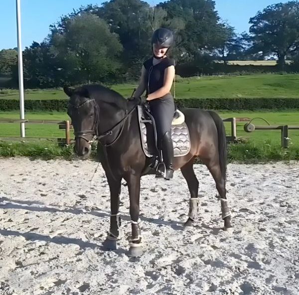 Reitschülerin auf einem Pferd vom Reitstall Teuterhof. Sie sitze auf dem Pferd, auf Außenreitplatz, mit Helm und Reitsachen.